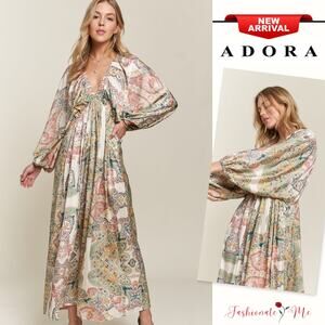 ADORA Boho Printed V-Neck Batwing Sleeves Side Pockets Maxi Dress | Light Green